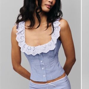 Danielle Guizio Blue and White Ruffled Top